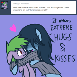 unhinged-pony:  Unhinged: Oh…well…nothing is wrong with hugs and kisses…right? a-and your sure its nothing contagious? ((XD this is awesome! thank you so much for drawing unhinged. Everything looks adorables! again thank you so much, Much love!