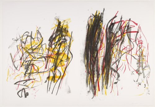 joan-mitchell:  Trees I, Joan Mitchell, 1992, Minneapolis Institute of Art: Prints and Drawingstwo separate sheets; abstract images; L image has lines and squiggles, with mainly vertical black lines at R of sheet with thick yellow horizontal zigzag-like