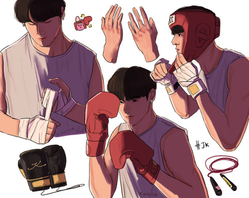 boxer jungkook! and lucky gloves with a golden JK embroidered on them! 