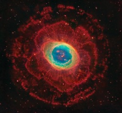 ohstarstuff:Using combined data from three different telescopes, this remarkably deep exposure of the famous Ring Nebula reveals additional glowing gas extending far beyond its central star. After billions of years converting hydrogen to helium in its