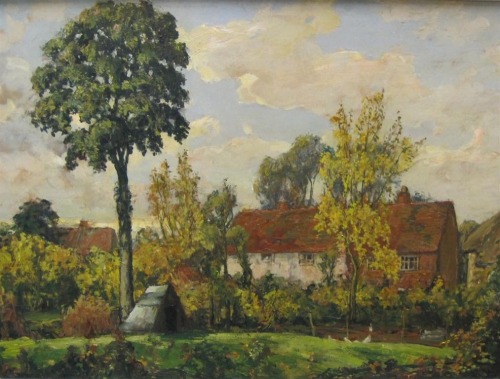 Alexander Jamieson (1873-1937) - Old Cottages, Weston Turville, Buckinghamshire. Oil on panel.