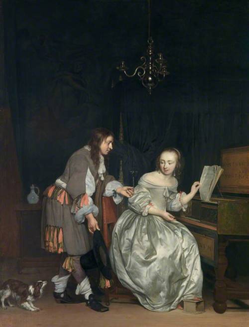 Interior with a Lady at a Spinet and a Gentleman Offering Her a Glass of Wine. Gabriël Metsu (Dutch,
