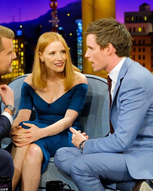 addictedtoeddie: Eddie Redmayne and Jessica Chastain in the studio of The Late Late Show with James 