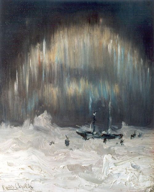 huariqueje:Aurora Borealis, Nova Zembla   -   Louis ApolDutch, 1850-1936Oil on panel ,20,0 x 16,1 cm