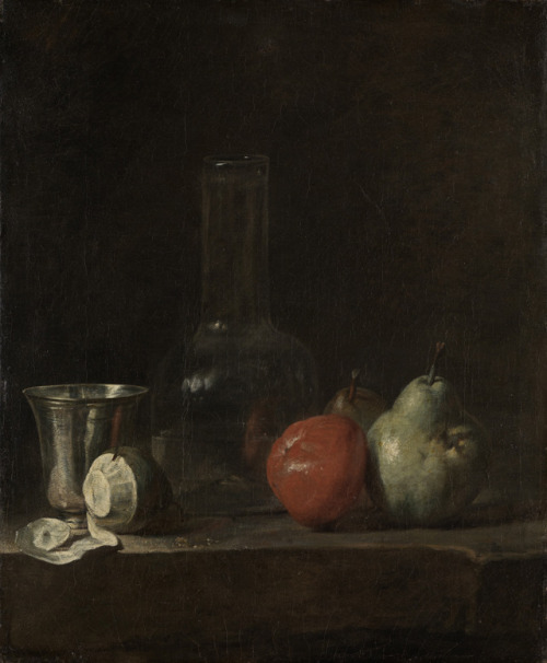 karrova:Jean-Baptiste-Siméon Chardin, Still Life with Glass Flask and Fruit, c. 1750 Jean-Baptiste-S