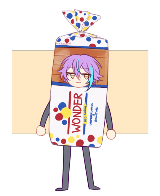 A digital drawing of Rui from Project Sekai. He has a cat-like smile and is wearing a costume in the shape of a bag of Wonder Bread.