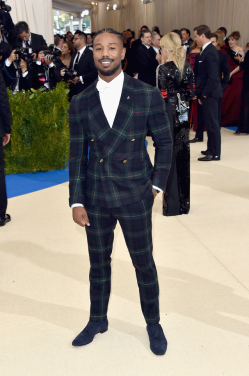 Michael B. Jordan in the tartan tuxedo, exclusively from Ralph Lauren Purple Label. #MetGala #M