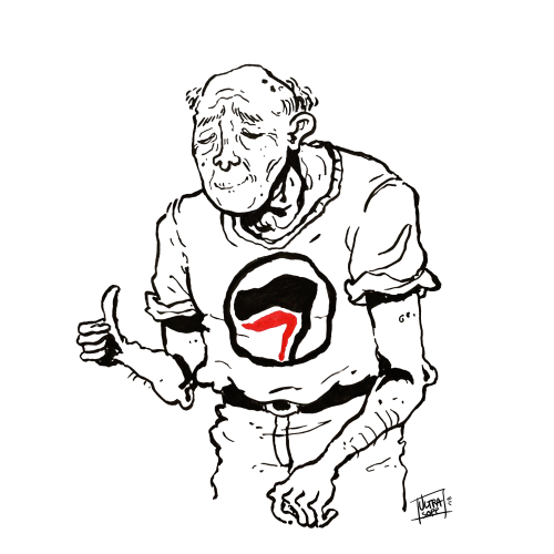 pov antifa grandpa is proud of you[ID: an ink doodle of a thin old man with a hunched back, bald spo