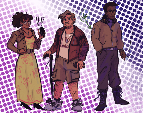 Digital illustration of Marianna, John Watson and Sherlock Holmes from Sherlock and Co. They are on a dotted background. Marianna is in a flowery yellow dress, John is in a red leather biker jacket and shorts with a cane, Sherlock is in a cream bomber jacket and dark cargos. Pointing to sherlocks pocket is a weed leaf.