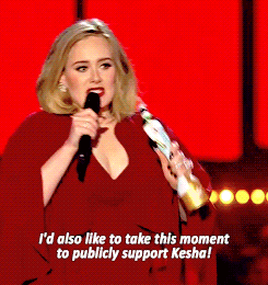 adelembe:Adele publicly supports Kesha in her acceptance speech for winning The Brit Award for Briti