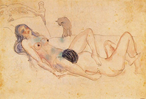 artist-picasso:Two nudes and a cat, 1903, Pablo PicassoMedium: watercolor,paper