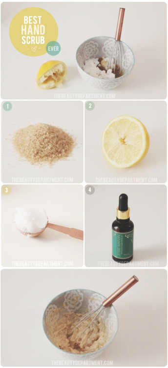 DIY Almost Easiest Hand Scrub Ever Recipe from The Beauty Department here. 