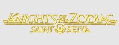 The Knights of the Zodiac ONA title. It says Knights of the Zodiac in a shiny, gold serif font. Beneath it is says Saint Seiya with a round sigil in the center, both in the same gold font. The entire text is written in a perspective where it looks like the text is leaning away from the viewer.