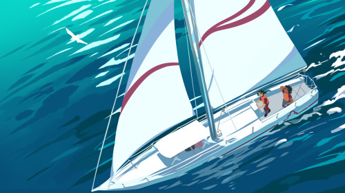 A digital cel-shaded drawing of a race yacht sailing at sea. The yacht has wavy maroon stripes on its white sails. There are two sailors aboard in wetsuits and life jackets; one gazes up at the sky while shading her eyes, and the other holds the steering wheel while glancing backwards.