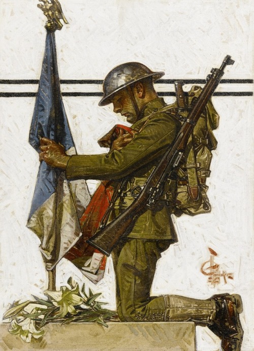 shear-in-spuh-rey-shuhn:J.C. LEYENDECKERSoldier Kneeling At French MemorialOil on Canvas29″ x 