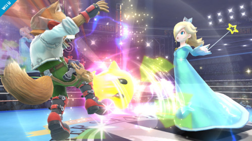 supersmashbrospics:Rosalina &amp; Luma Launch Into Battle!Rosalina is starting right at Peach&rsquo;