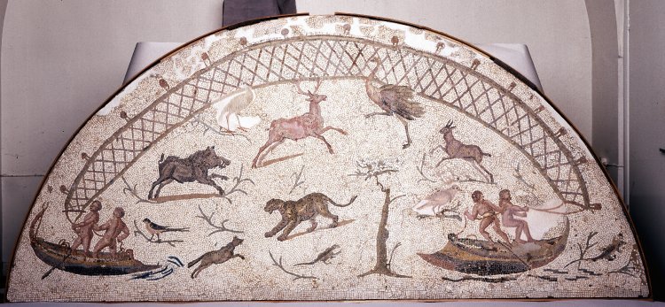 via-appia:  Semi-elliptical mosaic pavement from an apse, a hunt in marshlands Roman,