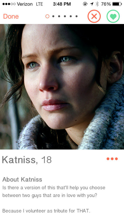 buzzfeedbooks:If “Hunger Games” Characters Had Tinder Profiles