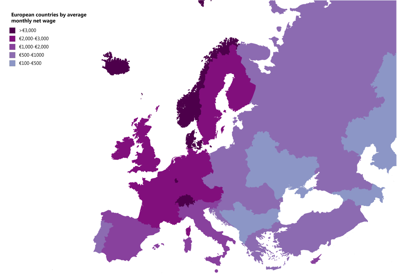 European Countries By Average Net Monthly Wage Maps On The Web European Countries By Average Net Monthly Wage Maps On The Web
