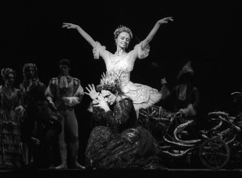 Monica Mason (Carabosse) kneeling and Genesia Rosato (The Lilac Fairy) in The Sleeping Beauty (The R