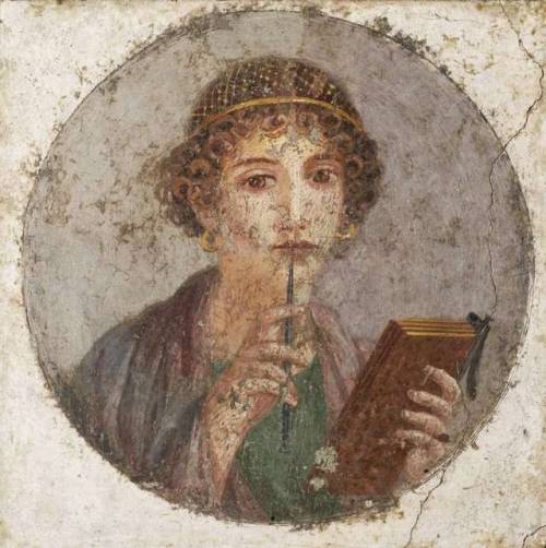 Portrait of the so-called Sappho, 55-79 AD. Fresco from House VI in Pompeii, Italy.  Museum of Arche