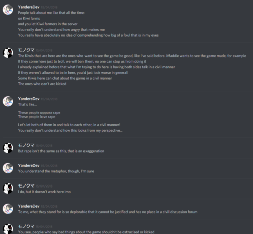 The first five screenshots are what prompted yanderedev to go and make his own yansim discord server (so he could run it like the dictatorship it is - I would know, I was on it for a while and he and his mods just kicked people off and deleted...