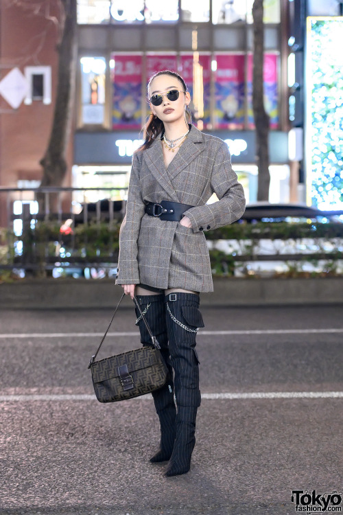 tokyo-fashion:Japanese nurse Saya on the street in Harajuku wearing a belted blazer with shoulder pa
