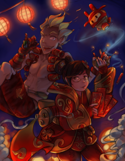 kittybaka-chan: My second submission for the @meihemfanbook !   When I saw the Lunar Year Event I was so happy to see skins for Mei and Junkrat to match together!  I’ve never done digital painting quite like this before, but I gave my best effort so