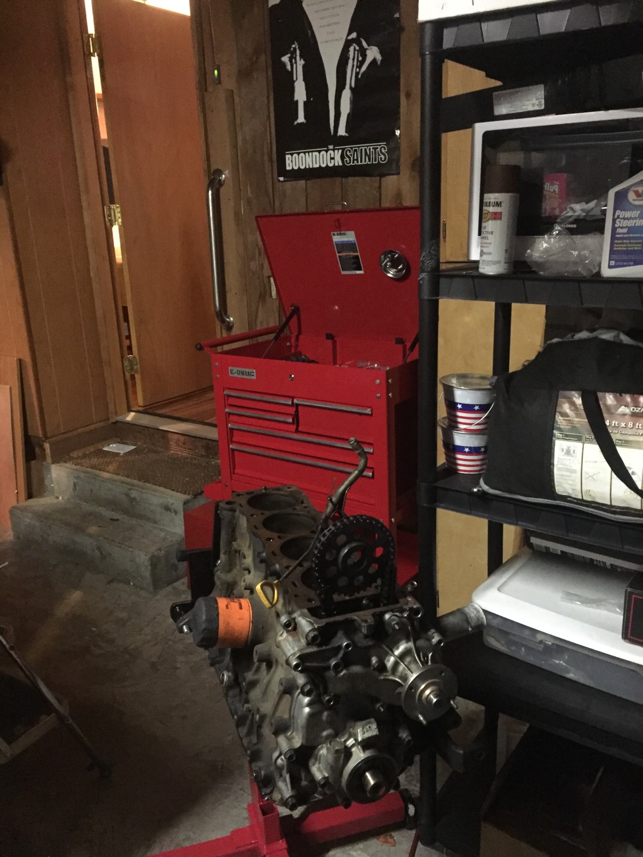 Got the tool box put together, the engine on the engine stand and some of the garage