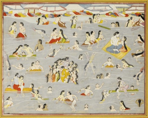 niramish:Krishna and the gopis bathing in the river Yamuna, illustration from a Harivamsa series, at