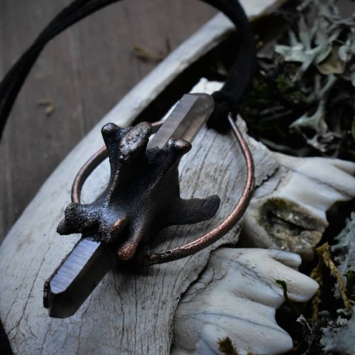 Racoon vertebra bone and smoky quartz crystal amulet just listed at www.DarlingDeadAdornment.com . #