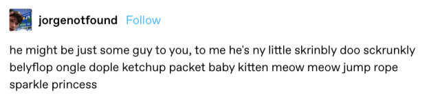 Tumblr post by @jorgenotfound reading "he might be just some guy to you, to me he's my little skrinbly doo sckrunkly belyflop ongle dople ketchup packet babу kitten meow meow jump rope sparkle princess"