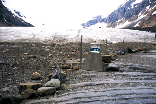 Edge of Columbia Icefield, Jasper National Park, Alberta, 2006.The marker in the middle of the pictu