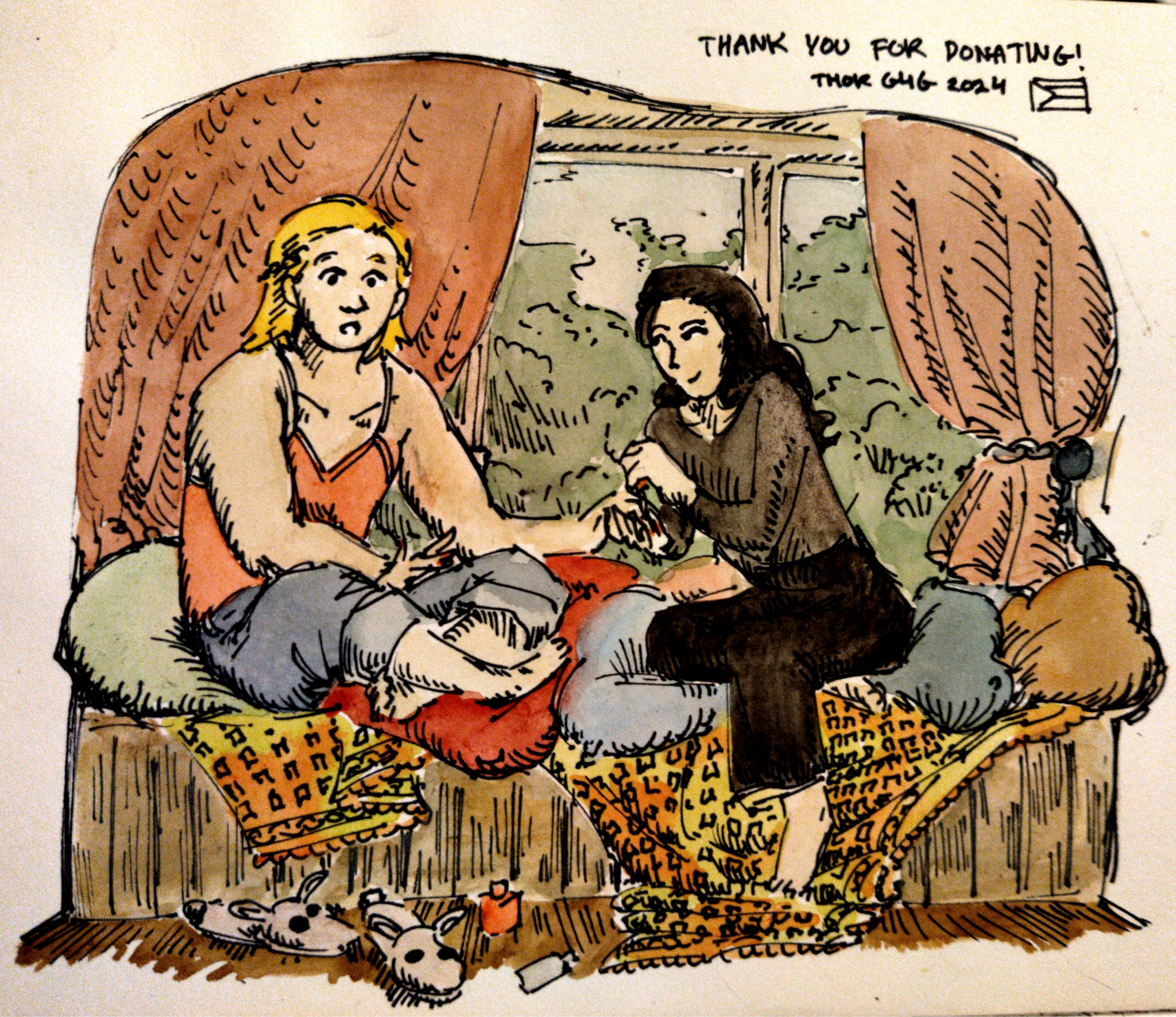 drawing of a transfem Thor and Loki sitting next to a window surrounding by pillows and blankets; Loki is painting Thor's nails