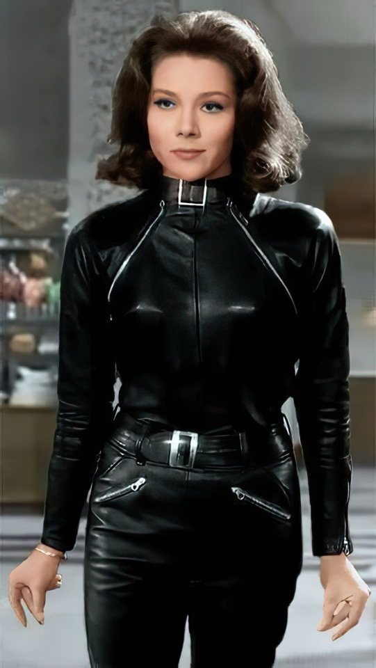 Diana Rigg as Emma Peel in the TV series 'The Avengers' carrying on the leather look introduced by her predecessor 