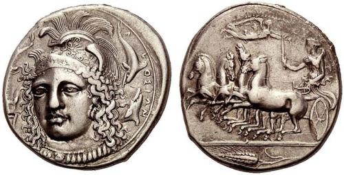 Silver tetradrachm of the Sicilian polis of Syracuse.  On the obverse, the head of Athena, encircled