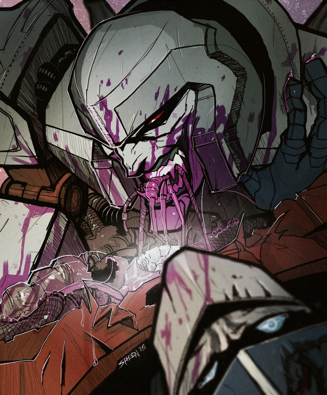spheen:  Horrortron destroys Optimus but manages to keep him online whilst feeding