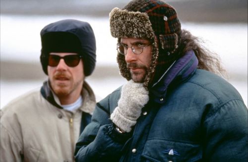 Directors Ethan Coen and Joel Coen on location during the making of Fargo.