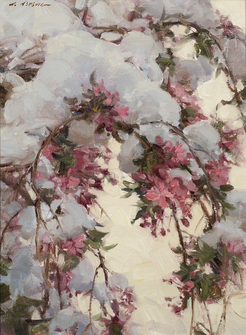 shear-in-spuh-rey-shuhn:CLYDE ASPEVIGApple Blossom In SnowOil on Board16″ x 12″