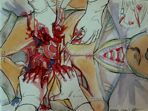 Goretober Day 3 - Autopsy[foreign communication device extracted from below the SecUnit’s ribs]