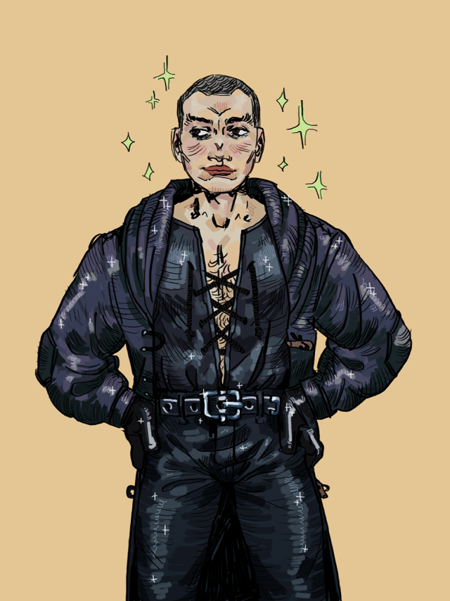 A digital drawing of Stanislav. He stands with his feet wide and hands on his hips. The leather of his all-leather outfit shimmers gently. He has a slight smirk on his face and looks off to the side.