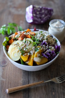 im-horngry:  Vegan Buddha Bowls - As Requested! X  Roasted Root Vegetable Rice Buddha Bowls with Maple Cinnamon Tahini Dressing!