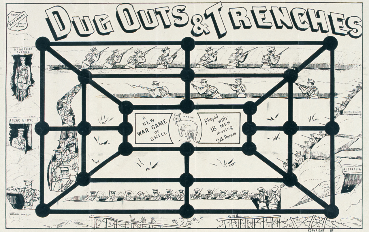 georgy-konstantinovich-zhukov:
“ Dugouts and Trenches, a board game released in Australia during the First World War. While no rules seem to accompany the board, it is apparently just a thematically decorated board for a game of Nine Men’s...