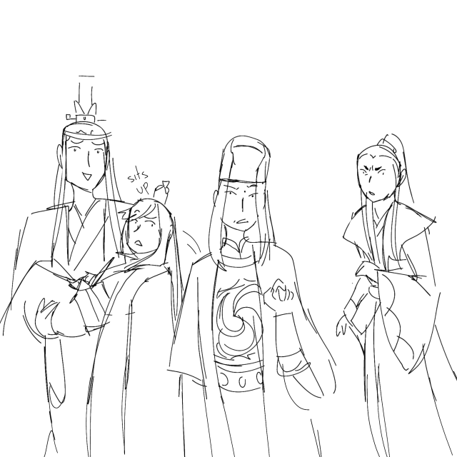 Jin Guangyao and those around him each make silly shocked faces. Lan Xichen smiles uncertainly and holds Nie Huaisang. Nie Huaisang stops pretending to be unconscious to look up in confusion. Su She furrows his brow.