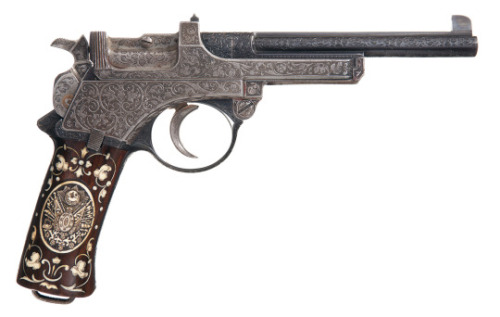 A cased and engraved Mannlicher Model 1901 semi-automatic pistol owned by Ottoman Sultan Abdulhamid 