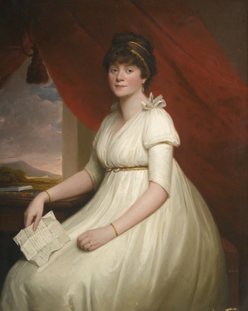 Portrait of Lady Mary Anne Pigot, Three-Quarter Length in a White Dress Holding a Letter. Attributed