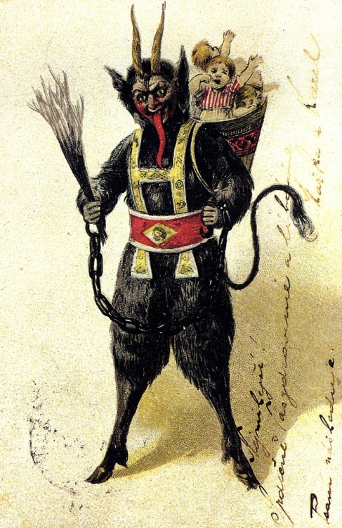 ex0skeletal:  Krampus is a beast-like creature from the folklore of Alpine countries thought to punish children during the Christmas season who had misbehaved, in contrast with Saint Nicholas, who rewards well-behaved ones with gifts. Krampus is said