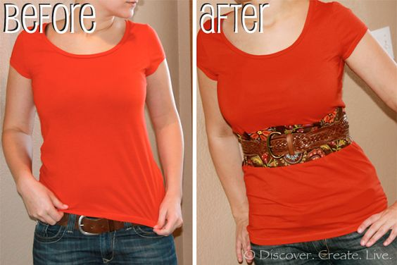 A before and after picture of a red t-shirt that was lenghtened by adding in a patch of colourful fabric at the waist.