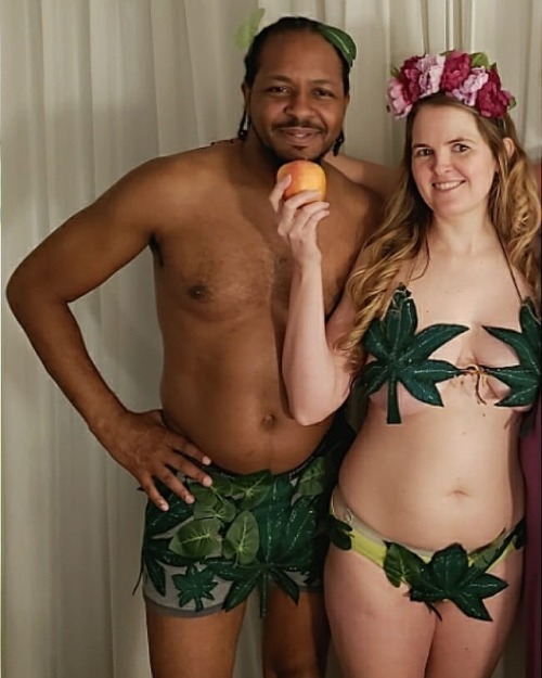 #Halloween #costume #adamandeve #interracialcouple #diycostume #almostnaked #weedbikini www.