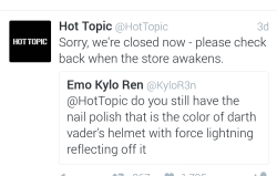 starrypoe: I love it that the Hot Topic Twitter knows about and has replied more than once to the emo Kylo account.